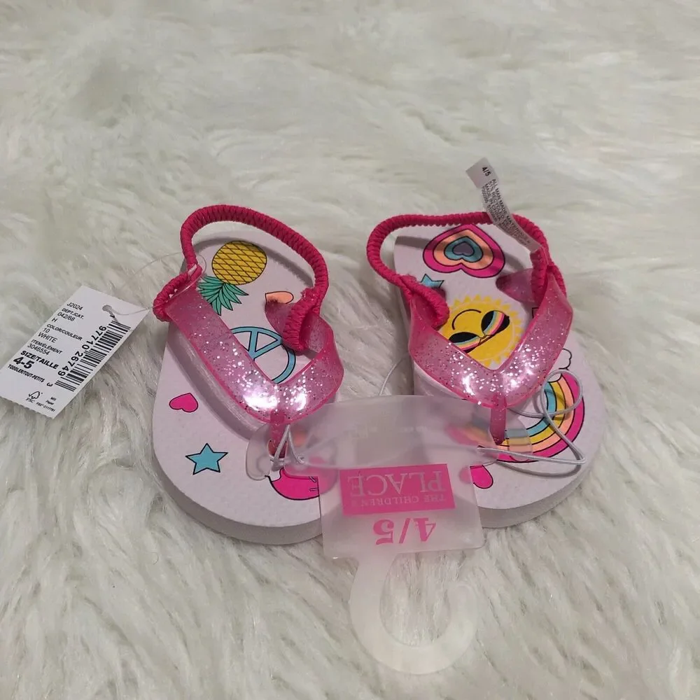 The Childrens Place Toddler Girls Pink Glitter Graphic Flip Flops Size 4-5 NWT